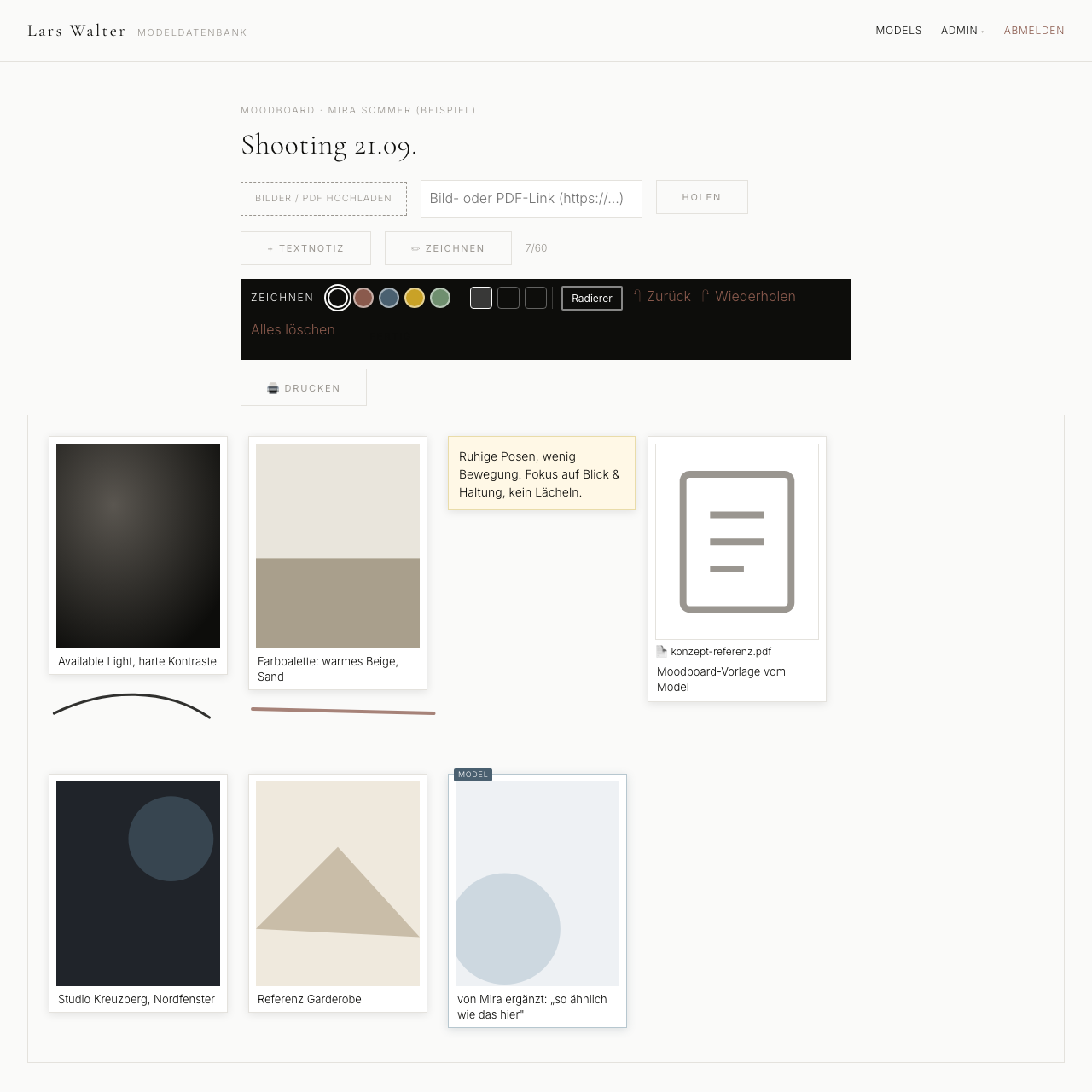 Moodboard mit frei angeordneten Bildplatzhaltern, Textnotiz, PDF-Anhang und Zeichenleiste
